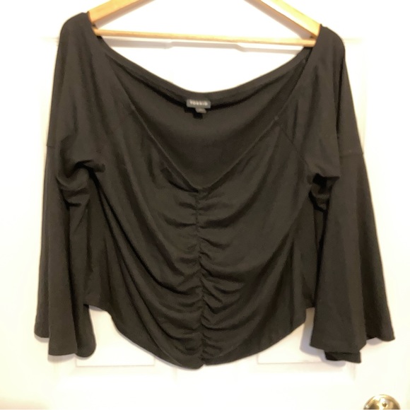 Torrid Black Ribbed Bell Sleeve Midi Off Shoulder Top - Picture 2 of 6
